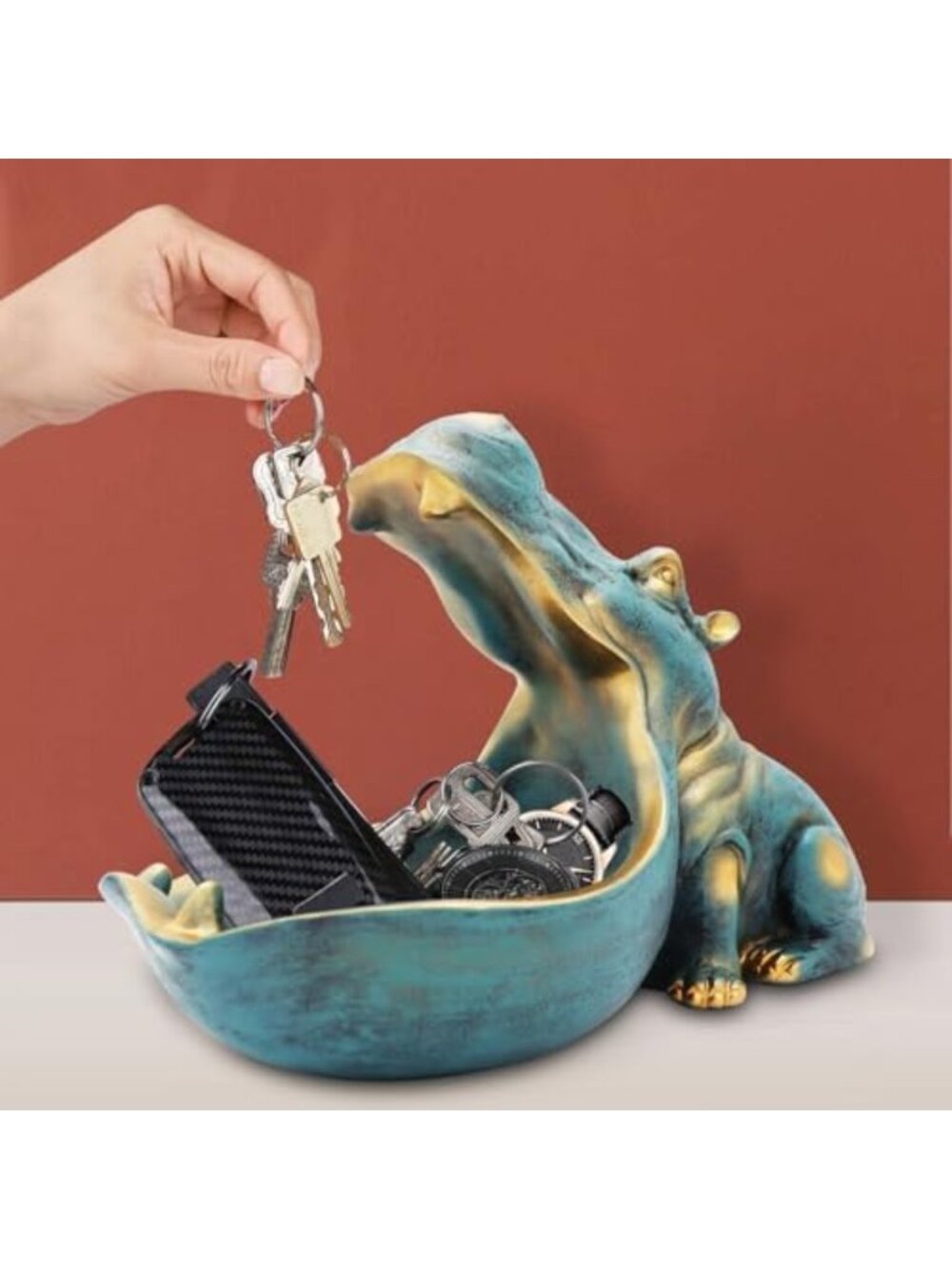 Funny Hippo Statue Candy Dish & Key Bowl - Dark Blue Decorative Storage - Picture 6 of 6